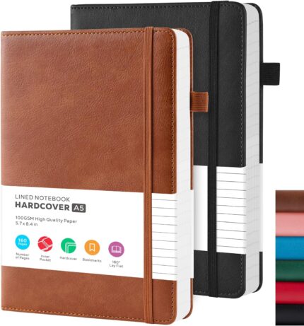 A5 Leather Hardcover Lined Journal — Pack of 2, 160 Pages