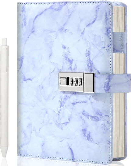 A5 Lockable Diary with Pen — 192 Pages, Marble Cover, Purple