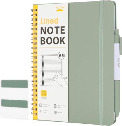 A5 Spiral-Bound Ruled Notebook — 160 Pages with Pen Loop, Green